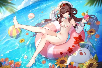 Rule 34 | 1girl, beach, belly, breasts, genshin impact, highres, hu tao (genshin impact), kurodahlia18, navel, nipples, ocean, small breasts, sunglasses, third-party edit