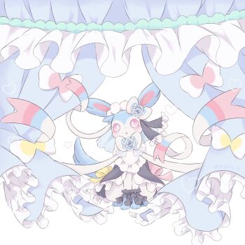 :o alternate_color blush bow clothed_pokemon commentary_request curtain_grab curtains flower frills gen_6_pokemon highres maid nintendo no_humans pink_eyes pokemon pokemon_(creature) shiny_pokemon sitting sylveon yuuri_(yr0471_0)