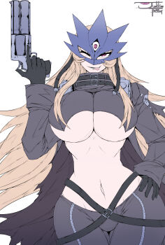 1girl absurdres beelstarmon belt black_coat black_gloves black_pants black_vest blonde_hair blue_mask breasts coat commentary cowboy_shot cropped_vest digimon digimon_(creature) english_commentary eye_mask gloves groin gun hand_on_own_hip highres holding holding_gun holding_weapon junkk_factory large_breasts leather leather_pants long_hair long_sleeves looking_at_viewer mask multiple-barrel_gun navel one_eye_closed open_clothes open_coat open_mouth pants sidelocks signature simple_background skull_print smile solo standing stomach teeth third_eye tight_clothes tight_pants tongue tongue_out torn_clothes torn_coat underboob vest weapon white_background zipper