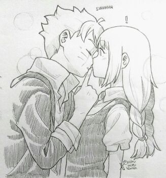 ! 1boy 1girl ariamikukanzaki boruto:_two_blue_vortex braid closed_eyes commentary facial_mark finger_to_mouth graphite_(medium) greyscale hatching_(texture) hetero highres jacket kakei_sumire low_twin_braids monochrome naruto_(series) puffy_short_sleeves puffy_sleeves scar scar_across_eye scar_on_face short_sleeves shushing traditional_media twin_braids twitter_username uzumaki_boruto whisker_markings