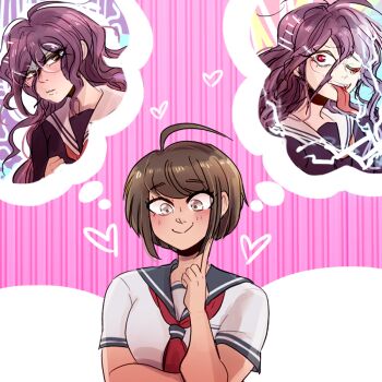 ahoge blue_sailor_collar blush brown_hair closed_mouth commentary danganronpa_(series) danganronpa_another_episode:_ultra_despair_girls electricity eyelashes fukawa_toko genocider_shou glasses hair_ornament hairclip heart imagining long_tongue ministarfruit naegi_komaru neckerchief one_eye_closed open_mouth purple_hair red_eyes red_neckerchief round_eyewear sailor_collar shirt short_hair short_sleeves smile speech_bubble teeth thought_bubble tongue tongue_out upper_teeth_only white_shirt