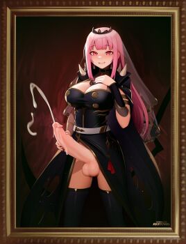 1futa black_cape black_dress black_nails black_thighhighs black_tiara breasts cape cleavage cum cum_on_body cum_on_penis dress ejaculation erection futanari futanari_masturbation grin hand_on_own_chest highres hololive hololive_english large_breasts large_penis long_hair masturbation mori_calliope mori_calliope_(1st_costume) penis picture_frame pink_eyes pink_hair projectile_cum rezodwel smile solo spiked_cape testicles thighhighs tiara uncensored veil virtual_youtuber