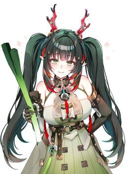 1girl alternate_hairstyle arknights arknights:_endfield bare_shoulders breasts closed_mouth commentary dragon_horns eastern_dragon_horns elbow_gloves english_commentary food foxyreine gloves green_eyes hair_intakes hair_ornament hand_on_own_hip highres holding holding_food holding_spring_onion holding_vegetable horns jumpsuit large_breasts long_hair multicolored_hair pointy_ears red_horns sidelocks simple_background smile solo spring_onion streaked_hair twintails vegetable white_background zhuang_fangyi_(arknights)