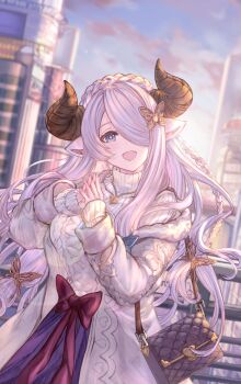 1girl absurdres alternate_costume bag blue_eyes breasts cityscape cowboy_shot granblue_fantasy hair_over_one_eye highres horns jewelry keqikehe large_breasts narmaya_(granblue_fantasy) pendant pointy_ears purple_hair solo sunrise sweater white_sweater