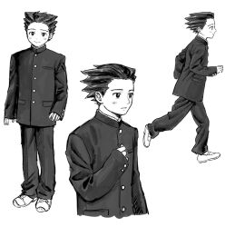 Rule 34 | 1boy, ace attorney, aged down, alternate costume, arms at sides, closed mouth, cropped torso, from side, full body, gakuran, greyscale, hand up, highres, jacket, long sleeves, looking at viewer, male focus, monochrome, multiple views, open mouth, pants, phoenix wright, profile, renshu usodayo, school uniform, shoes, short hair, simple background, smile, spiked hair, standing, white background