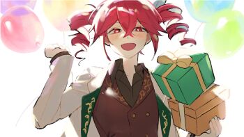 1girl alternate_costume balloon blush box bright_pupils brown_shirt buttons collarbone drill_hair gift gift_box hair_between_eyes hands_up highres holding holding_balloon holding_gift jacket kasane_teto kasane_teto_(sv) korean_commentary long_sleeves open_mouth red_eyes red_jacket samsap shirt simple_background solo synthesizer_v translation_request twin_drills upper_body utau white_background white_jacket white_pupils