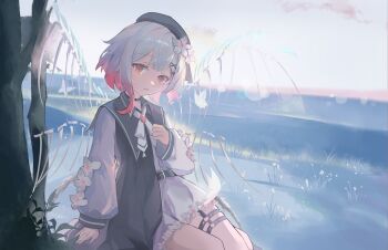 1girl belt belt_buckle beret black_belt black_choker brooch buckle bug butterfly choker closed_mouth colored_tips commentary_request crying day dress flower frills gradient_hair grass grey_hair hair_flower hair_ornament hand_on_own_chest hat highres insect jewelry long_sleeves looking_at_viewer mahou_shoujo_no_majo_saiban multicolored_hair o-ring o-ring_thigh_strap outdoors pink_hair puffy_long_sleeves puffy_sleeves red_eyes red_hair sakuraba_ema short_hair sitting sky sleeves_past_wrists smile solo tears thigh_strap tree user_18474136 white_butterfly white_dress white_flower white_hair x_hair_ornament