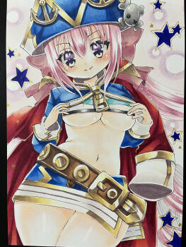 1girl absurdres belt blue_hat blue_jacket blue_sky blue_tank_top bow breasts captain_kid_lore emil_chronicle_online hair_bow hands_on_own_chest hat highres jacket jacket_on_shoulders kae_(bluebluebluebelly) large_breasts looking_at_viewer navel pink_bow pink_hair pirate_hat ponytail purple_eyes red_jacket side_slit sky smile solo split_ponytail star_(symbol) star_symbol_background striped_tank_top tank_top thighs underboob white_tank_top