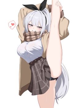 1girl black_bow black_panties blush bow bra bra_visible_through_clothes breasts brown_jacket brown_scarf brown_skirt button_gap character_request commentary commission cowboy_shot english_commentary grey_eyes grey_hair grin hair_bow heart high_ponytail highres holding_own_leg jacket lace lace_bra lace_panties long_hair looking_at_viewer medium_breasts oldsickkim original panties pantyshot plaid_clothes plaid_scarf plaid_skirt ponytail scarf shirt simple_background skirt smile solo speech_bubble split spoken_heart standing standing_on_one_leg standing_split thighs underwear white_background white_shirt
