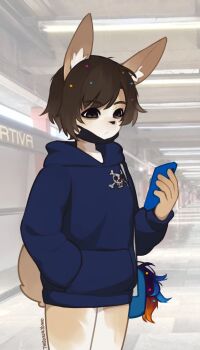 1girl animal_ears artist_name black_eyes black_hoodie brown_hair cowboy_shot cupcake_(yoako) highres holding holding_phone hood hoodie indoors long_sleeves mask mask_pull mouth_mask one_piece original phone rabbit_ears rabbit_girl rabbit_tail short_hair skull_print solo tail yoako