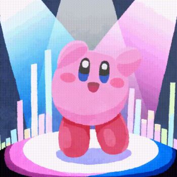 animated animated_gif blush creature dancing happy kirby kirby_(series) kirby_30th_anniversary_music_festival light_rays looking_at_viewer miclot nintendo no_fingers no_humans open_mouth shadow solo sparkle sparkling_eyes spotlight stage stage_lights tongue