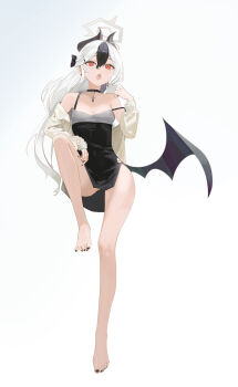 absurdres bare_legs barefoot black_dress black_nails blue_archive dress full_body halo highres horns jacket kayoko_(blue_archive) kayoko_(dress)_(blue_archive) leiq long_hair low_wings multicolored_hair nail_polish open_clothes open_jacket open_mouth red_eyes simple_background single_wing streaked_hair toenail_polish toenails very_long_hair white_background white_hair wings