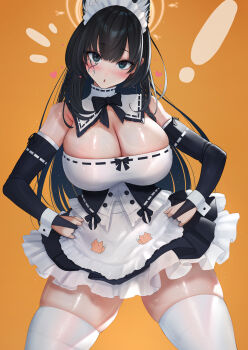 ! :o absurdres apron bare_shoulders black_hair blue_eyes blush braid breasts elbow_gloves facial_tattoo fox frilled_apron frills gloves heart highres huge_breasts imizu_(nitro_unknown) looking_at_viewer maid maid_headdress minasuzu_(vrchat) raised_eyebrows tattoo thighhighs twin_braids vrchat white_thighhighs zettai_ryouiki