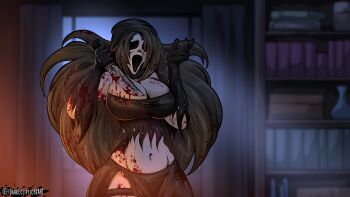 1girl absurdres black_gloves blood blood_on_clothes blood_on_mask bloody_weapon breasts darkeclipticheart genderswap ghost_mask ghostface gloves halloween highres holding hood hooded_coat knife large_breasts mask october scream_(movie) weapon white_mask