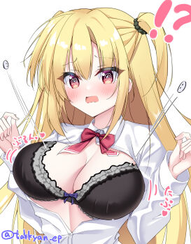 Rule 34 | !?, 1girl, @ @, absurdres, arihara nanami, black bra, blonde hair, blue bow, blush, bouncing breasts, bow, bow bra, bowtie, bra, breasts, breasts out, buttons, cleavage, collared shirt, commentary request, dress shirt, embarrassed, eyes visible through hair, flying button, frilled bra, frills, furrowed brow, hair between eyes, hands up, heart, highres, kikka academy school uniform, large breasts, lingerie, long hair, long sleeves, looking at viewer, motion lines, open clothes, open mouth, open shirt, partial commentary, purple bow, red bow, red bowtie, red eyes, riddle joker, school uniform, shirt, sidelocks, simple background, solo, sound effects, surprised, takkyan, twitter username, two side up, underwear, upper body, variant set, very long hair, wardrobe malfunction, wavy mouth, white background, white shirt