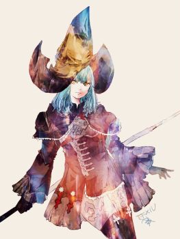 1girl black_gloves black_hat black_mage_(final_fantasy) blue_hair closed_mouth commentary_request copyright_name final_fantasy final_fantasy_xiv gloves grey_pantyhose hat holding holding_staff hyur long_hair long_sleeves pantyhose ruka_(blueplus84) simple_background solo staff warrior_of_light_(ff14) white_background witch_hat yellow_eyes