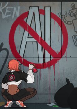 1boy absurdres ai-generated_art_(topic) black_pants dark-skinned_male dark_skin earrings fingerless_gloves from_behind full_body gloves graffiti highleg highleg_panties highres jewelry midriff no_symbol no_to_ai_generated_images_(alexander_nanitchkov) orange_hair orange_shoes original panties pants pointy_ears shoes sign solo spray_can spraying squatting sunna_(nilsunna) underwear whale_tail white_gloves