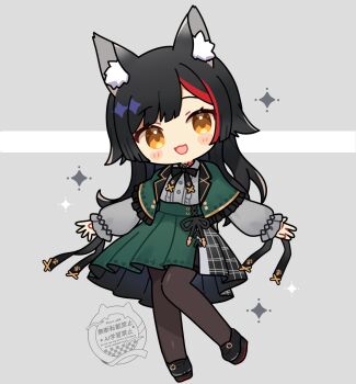 1girl :3 :d animal_ear_fluff animal_ears black_hair black_pantyhose black_shoes blunt_bangs blush_stickers capelet collared_shirt commentary_request frilled_capelet frills full_body green_capelet green_skirt grey_background grey_shirt highres hololive kashiwase_karune long_hair long_sleeves looking_at_viewer multicolored_hair ookami_mio open_mouth pantyhose parted_bangs pleated_skirt red_hair shirt shoes skirt smile solo sparkle standing standing_on_one_leg streaked_hair virtual_youtuber watermark wolf_ears wolf_girl yellow_eyes