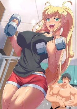 1boy 1girl bare_arms bare_shoulders black_tank_top blonde_hair blurry blurry_background ceiling closed_eyes covered_erect_nipples dark_skin dumbbell dumbbell_nan_kilo_moteru? exercising eyes_visible_through_hair green_eyes gym highres looking_at_viewer machio_naruzou midriff_peek muscular open_mouth patreon_logo patreon_username pectorals red_shorts sakura_hibiki shirtless_male short_shorts shorts sparkle sportswear sweat tank_top thighs topless_female topless_male torahime_(roland00) training twintails weights