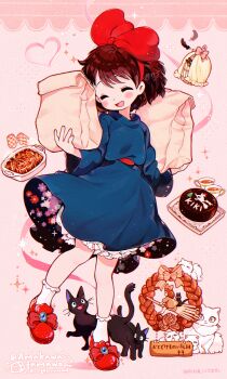 1girl :d absurdres amakawa_tamawo animal ankle_socks bag black_cat black_feathers blue_dress blue_gem blush_stickers bow bow_hairband brown_hair cake cat chocolate_cake closed_eyes commentary_request cup dress facing_to_the_side feathers fingernails food footwear_bow full_body gem hair_bow hairband highres holding holding_bag jiji_(majo_no_takkyuubin) kiki_(majo_no_takkyuubin) lily_(majo_no_takkyuubin) long_sleeves majo_no_takkyuubin medium_dress open_mouth paper_bag petticoat pink_background red_bow red_hairband red_shoes shoes short_hair signature smile socks sparkle standing tea teacup watermark white_cat white_socks wreath