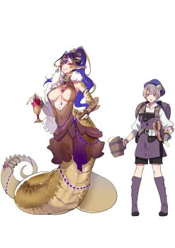 1boy 1girl backpack bag black_hair blonde_hair breasts brown_dress brown_nails character_request commentary_request copyright_request cup dress fangs hand_on_own_hip height_difference highres holding holding_cup lamia linea_alba linked_sausages long_hair monster_girl multicolored_hair open_mouth pink_eyes pointy_ears ponytail scales streaked_hair tail tail_ornament tankard white_background z-ton