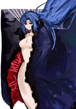 1girl blue_hair cape ciel_(tsukihime) cloak convenient_censoring evil_smile ezekquel floating_hair highres long_hair looking_at_viewer michael_roa_valdamjong naked_cape naked_cloak no_nipples ponytail possessed red_eyes roa-ciel sketch smile thick_thighs thighs tsukihime vampire wide_hips