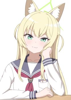 &gt;:) 1girl animal_ear_fluff animal_ears black_sailor_collar blonde_hair blue_archive blush closed_mouth commentary_request film_grain fox_ears fox_girl green_eyes green_halo hair_between_eyes halo hand_on_own_cheek hand_on_own_face hand_up highres kurumi_(blue_archive) long_hair long_sleeves neckerchief red_neckerchief rioreus3993 sailor_collar school_uniform serafuku shirt sidelocks simple_background smile smug solo split_mouth triangle_halo two_side_up upper_body v-shaped_eyebrows very_long_hair white_background white_shirt