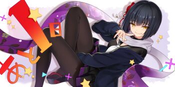 1girl black_hair black_pantyhose black_serafuku black_skirt blue_cardigan blue_jacket breasts cardigan clogs finger_to_mouth flower hair_flower hair_ornament highres jacket jewelry long_sleeves mole mole_under_eye neckerchief off_shoulder official_art open_cardigan open_clothes pantyhose pleated_skirt ring scarf school_uniform serafuku short_hair skirt smile smug solo takanashi_sayo tokyo_necro_suicide_mission white_neckerchief yellow_eyes