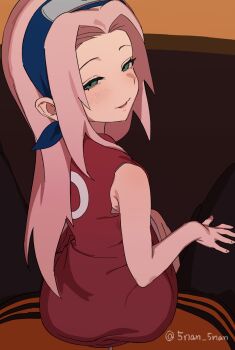 1boy 1girl 5_nan_(5nan_5nan) age_difference aged_down blush boruto:_naruto_next_generations dress haruno_sakura headband highres loli long_hair looking_at_viewer looking_back naruto_(series) pink_hair sitting sitting_on_lap sitting_on_person smile teasing transformation uzumaki_naruto