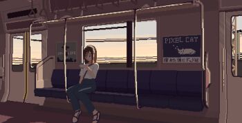 1girl animated animated_gif backlighting blinking brown_hair cellphone evening hairband hand_grip high-waist_pants holding holding_phone kuuchuu_roukaku looking_at_phone looping_animation original pants phone pixel_art power_lines sandals shirt shirt_tucked_in short_sleeves sitting smartphone solo train_interior white_hairband white_shirt