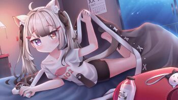 1girl absurdres ahoge akimiya_yamiku animal_ear_fluff animal_ears animal_print backpack bag bag_charm bed bed_sheet bike_shorts black_hair black_ribbon black_shorts blanket blue_eyes blush borrowed_character bottle bow calendar_(object) cat_ears cat_girl cat_tail charm_(object) closed_mouth collarbone fish_print gradient_hair grey_hair hair_ornament hair_ribbon hairclip heterochromia highres indoors loli long_hair looking_at_viewer lying milk_bottle multicolored_hair night night_sky nono_(comodox) off_shoulder on_bed on_stomach original randoseru red_bag ribbon shirt short_shorts short_sleeves shorts sidelocks single_bare_shoulder sky solo tail tail_bow tail_ornament twintails under_covers unworn_backpack unworn_bag white_shirt window yellow_eyes