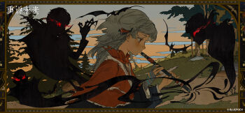 1girl bat_(animal) border cloak copyright_name copyright_notice fingerless_gloves flute from_side gloves gradient_sky grey_gloves grey_hair grey_sky hands_up highres hill holding holding_flute holding_instrument instrument logo medium_hair music official_art official_wallpaper orange_sky ornate_border playing_flute playing_instrument profile red_cloak red_eyes reverse:1999 rubuska shadow single_glove sky solo tree upper_body