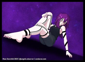 1girl absurdres ahoge arm_tattoo bare_shoulders barefoot cendaran denim denim_shorts facial_tattoo feet hand_on_own_knee head_tilt highres leaning_back leg_tattoo lily_graves long_hair looking_at_viewer maia_starchild messy_hair nail_polish open_mouth purple_eyes purple_hair self-upload shorts simple_background solo tank_top tattoo