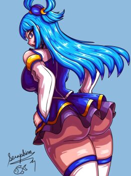 1girl aqua_(konosuba) artist_name ass bare_shoulders blue_eyes blue_hair female_focus hair_ornament hands_on_own_hips highres huge_ass kono_subarashii_sekai_ni_shukufuku_wo! looking_at_viewer looking_back matching_hair/eyes pleated_skirt skirt solo source_request thick_thighs thighs