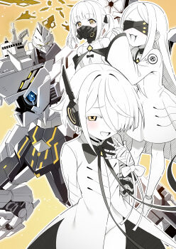 3girls :3 absurdres bandaged_hand bandages blindfold blue_archive colored_skin commentary_request dress ein_(blue_archive) extra_pupils hair_over_one_eye highres long_hair long_sleeves mask mistel_(sukebemistel) multiple_girls ohr_(blue_archive) open_mouth respirator revision robot short_hair smile sof_(blue_archive) symbol-shaped_pupils twintails white_dress white_hair white_skin x-shaped_pupils yellow_eyes