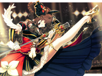 1girl animal_ears bare_shoulders black_dress braid braided_hair_rings breasts brown_hair cleavage closed_eyes corset detached_sleeves dress ear_covers ear_ornament gentildonna_(regina_dei_fiori)_(umamusume) gentildonna_(umamusume) gloves hair_between_eyes hair_ornament hair_rings heart-shaped_ornament heart_ear_ornament highres holding holding_microphone horse_ears horse_girl horse_tail itou_(onsoku_tassha) large_breasts leg_up long_hair microphone microphone_stand open_mouth red_corset see-through_cleavage see-through_clothes shoes smile solo sweat tail teeth thighhighs umamusume white_gloves white_thighhighs