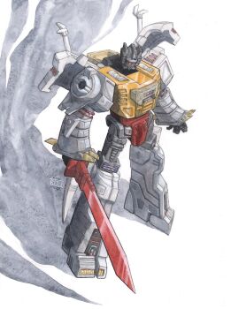 assault_visor commentary english_commentary grimlock highres humanoid_robot machine mecha mecha_focus no_humans red_visor robot science_fiction sword tgping transformers transformers:_generation_1 weapon