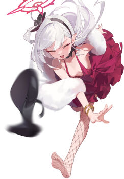 1girl absurdres black_hairband black_shoes blue_archive blush bracelet breasts closed_eyes commentary dress earrings fishnet_pantyhose fishnets frilled_dress frills fur_shawl grey_hair hairband halo high_heels highres jewelry long_hair motion_blur mutsuki_(blue_archive) mutsuki_(dress)_(blue_archive) no_shoes official_alternate_costume open_mouth pantyhose pointy_ears red_dress shawl shoes simple_background small_breasts solo suye swept_bangs throwing untranslatable_commentary v-shaped_eyebrows white_background