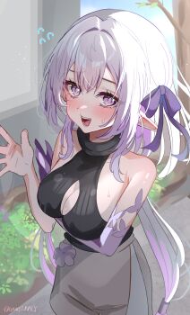 1girl absurdres alternate_costume bare_shoulders blush bow breasts castorice_(honkai:_star_rail) chuuna_(unagiunazy) cleavage_cutout clothing_cutout commentary commentary_request elbow_gloves flower gloves highres honkai:_star_rail honkai_(series) large_breasts long_hair outdoors pointy_ears purple_eyes purple_hair ribbon skirt sweatdrop turtleneck very_long_hair