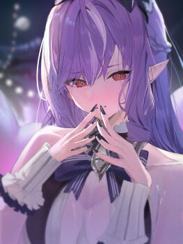 1girl absurdres bare_shoulders black_nails blurry blurry_background blush bow bowtie breasts clothing_cutout collarbone commentary frilled_one-piece_swimsuit frilled_wrist_cuffs frills hairband hands_up heart_cutout highres k2_(jack_lin) long_hair looking_at_viewer medium_breasts mole mole_under_eye official_alternate_costume one-piece_swimsuit own_hands_together parted_lips pointy_ears purple_bow purple_bowtie purple_hair purple_hairband red_eyes solo sweat swimsuit two-tone_one-piece_swimsuit upper_body vivian_banshee vivian_banshee_(iris_of_the_shore) white_one-piece_swimsuit wrist_cuffs zenless_zone_zero