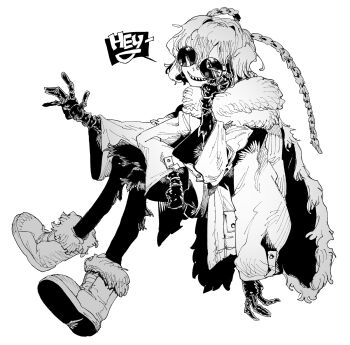 1girl adjusting_eyewear arm_on_knee arthropod_girl arthropod_limbs boots braid cape coat english_text extra_arms floating full_body fur_boots fur_cape fur_coat fur_footwear greyscale half-closed_eyes hatching_(texture) hb_091 highres insect_girl jaggy_lines knees_up long_hair long_sleeves looking_at_viewer looking_to_the_side monochrome moth_girl one_eye_covered open_mouth original partially_opaque_sunglasses round_eyewear sharp_teeth simple_background sitting sketch smile smug solo speech_bubble sunglasses teeth twin_braids upper_teeth_only waving wavy_hair white_background white_coat wide_sleeves