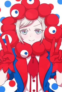 &gt;:) 1girl absurdres blue_background blue_eyes ceras_yanagida_lilienfeld closed_mouth commentary_request double_v expo2025 gloves grey_hair highres link!_like!_love_live! looking_at_viewer love_live! myaku-myaku neckerchief official_alternate_costume polka_dot polka_dot_background red_gloves red_neckerchief shirt sivematsu smile solo upper_body v v-shaped_eyebrows virtual_youtuber white_shirt