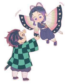 animal_print belt blue_butterfly blush bug butterfly butterfly_hair_ornament butterfly_print checkered_clothes checkered_haori checkered_sash chibi demon_slayer_uniform earrings full_body gradient_hair hair_ornament hanafuda_earrings haori highres insect japanese_clothes jewelry kamado_tanjirou kimetsu_no_yaiba kishimen_hair kochou_shinobu multicolored_hair original pkhoahue purple_butterfly scar scar_on_face scar_on_forehead simple_background smile sword_writing updo white_background white_belt |_|