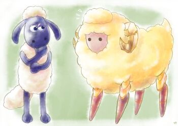 1boy commentary_request crossover dumuzid_(fate) fate/grand_order fate_(series) half-closed_eye hand_on_own_chin horns lo_lis no_humans shaun_the_sheep sheep sheep_horns signature thinking wallace_&amp;_gromit