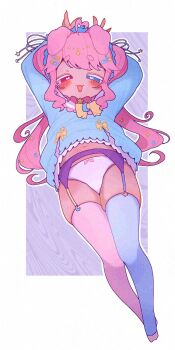 ahoge animal_ears arms_up artist_request barefoot blue_eyes choker clothes_lift curly_hair dark-skinned_female dark_skin dog_ears dog_girl dog_tail dress drill_hair fang flat_chest frilled_dress frills garter_belt hair_ornament hairclip heart heart-shaped_pupils heterochromia highres indie_virtual_youtuber kissiechuu loli looking_at_viewer looking_down lying navel on_back open_mouth panties pink_eyes pink_hair ribbon ribbon_choker shirt shirt_lift simple_background sleeveless sleeveless_shirt sleeves_past_wrists smug star_(symbol) star_print stomach sweater sweater_dress symbol-shaped_pupils tail tan tanline teasing thigh_gap thighhighs thighs twin_drills twintails underwear virtual_youtuber