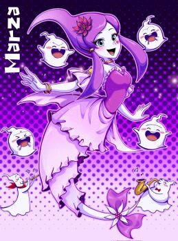 1girl 2boys :d blue_eyes blush_stickers dress facial_mark flower flute full_body ghost hair_flower hair_ornament heart heart_facial_mark highres holding holding_flute holding_instrument holding_trumpet instrument kaiyuki04 long_hair looking_at_viewer lower_teeth_only multiple_boys music musical_note open_mouth playing_flute playing_instrument purple_dress purple_hair raa_(sonic) sidelocks smile sonic:_night_of_the_werehog sonic_(series) sonic_unleashed su_(sonic) teeth trumpet twitter_username uh_(sonic)