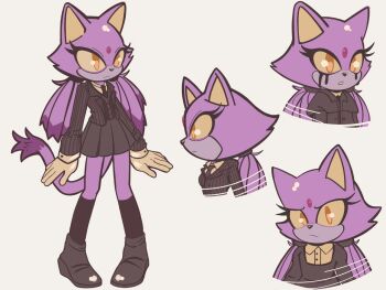 1girl animal_ears black_shoes black_skirt black_socks blaze_the_cat cat_ears cat_girl cat_tail cosplay fatale_zamuro furry furry_female gloves grey_background multiple_views pleated_skirt ponytail shoes simple_background skirt socks sonic_(series) tail the_addams_family wednesday_addams wednesday_addams_(cosplay) white_gloves yellow_eyes