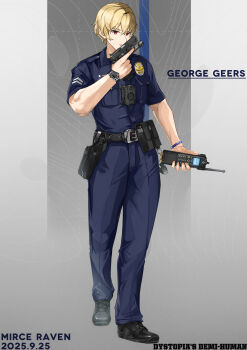 Rule 34 | 1boy, absurdres, ammunition pouch, artist name, belt, belt pouch, black belt, black boots, blonde hair, blue pants, blue shirt, body cam, boots, character name, chinese commentary, commentary request, dated, english text, fingernails, flashlight, full body, green eyes, grey background, gun, handgun, highres, holding, holding gun, holding walkie-talkie, holding weapon, holster, logo, los angeles police department, m1911, magazine (weapon), male focus, motorola solutions, name tag, open mouth, original, pants, police, police badge, police uniform, policeman, pouch, product placement, rangercrow, shirt, short hair, short sleeves, simple background, smile, solo, standing, trigger discipline, walkie-talkie, watch, weapon, wristband, wristwatch