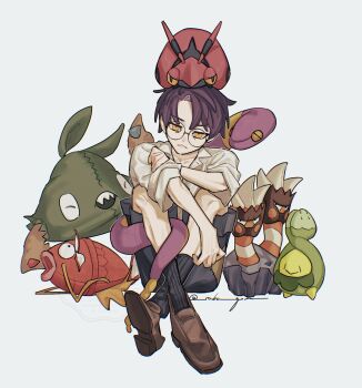1boy binacle black_socks brown_shoes budew closed_eyes commentary_request corbeau_(pokemon) ekans gen_1_pokemon gen_4_pokemon gen_5_pokemon gen_6_pokemon glasses grey_background highres looking_at_viewer magikarp male_focus nintendo on_head orange_eyes patchwork_clothes pokemon pokemon_(creature) pokemon_legends:_z-a pokemon_on_head purple_hair ribbed_socks round_eyewear saba_goma sharp_teeth shirt shoes shorts simple_background sitting sleeves_rolled_up socks teeth trubbish twitter_username venipede white_shirt