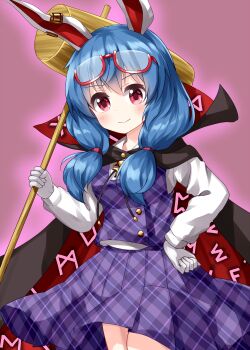 Rule 34 | 1girl, animal ears, black cloak, blue hair, blush, breasts, buttons, cloak, closed mouth, collared shirt, commentary request, cosplay, eyewear on head, glasses, gloves, hair between eyes, hand on own hip, hand up, highres, long sleeves, looking at viewer, mallet, medium breasts, medium hair, one-hour drawing challenge, pink background, purple skirt, purple vest, rabbit ears, red cloak, red eyes, ruu (tksymkw), seiran (touhou), shirt, short twintails, simple background, skirt, smile, solo, standing, touhou, twintails, usami sumireko, usami sumireko (cosplay), vest, weapon, white gloves, white shirt